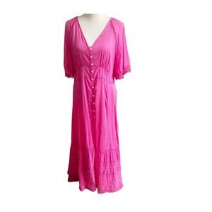 Gap Women’s Tiered Maxi Dress Lightweight Crochet Trim Button Front Large Pink